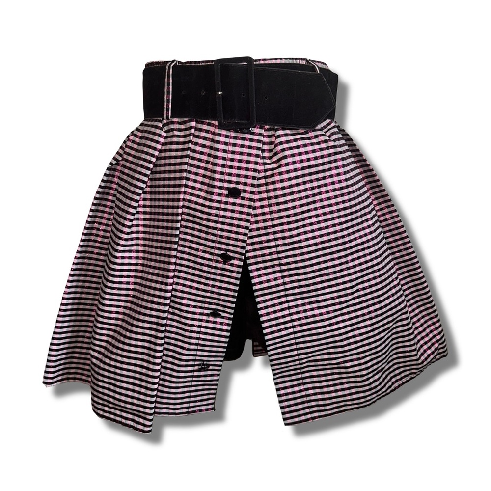 Vintage Pink and Black Checkered High-Waist Skort with Belt